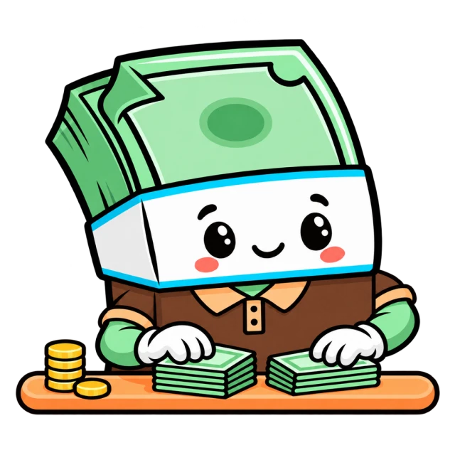 The smiling Money Stack mascot behind its notes and coins